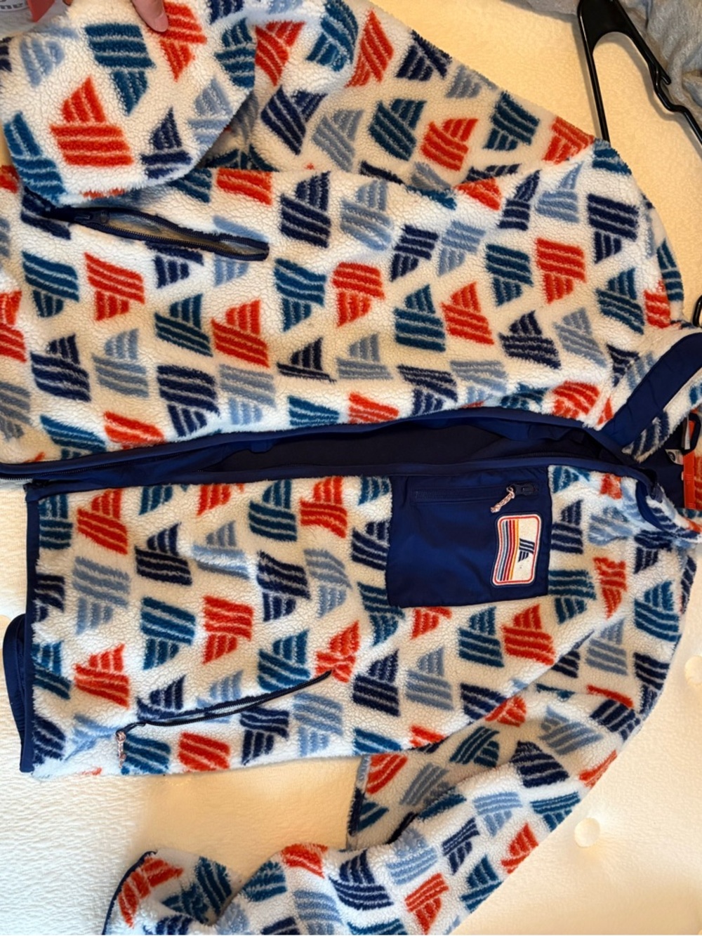 Men's Zip-Up Fleece Jacket in White with Blue & Red Geometric Print